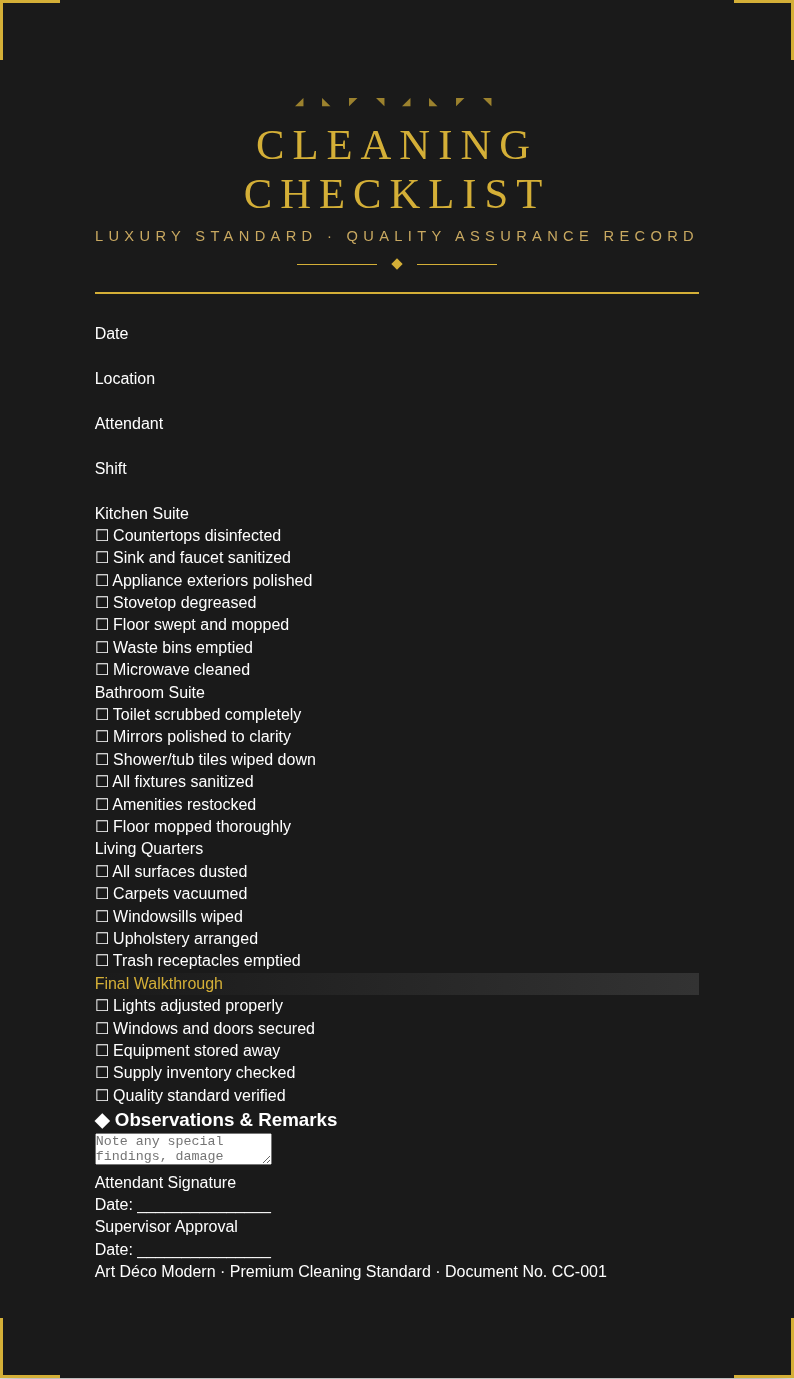 Art deco modern cleaning checklist